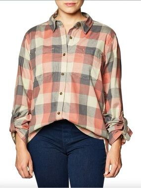 Carhartt Fairview Plaid Button Up Shirt Peach  Orange Gray Roll Tab Sleeve Large